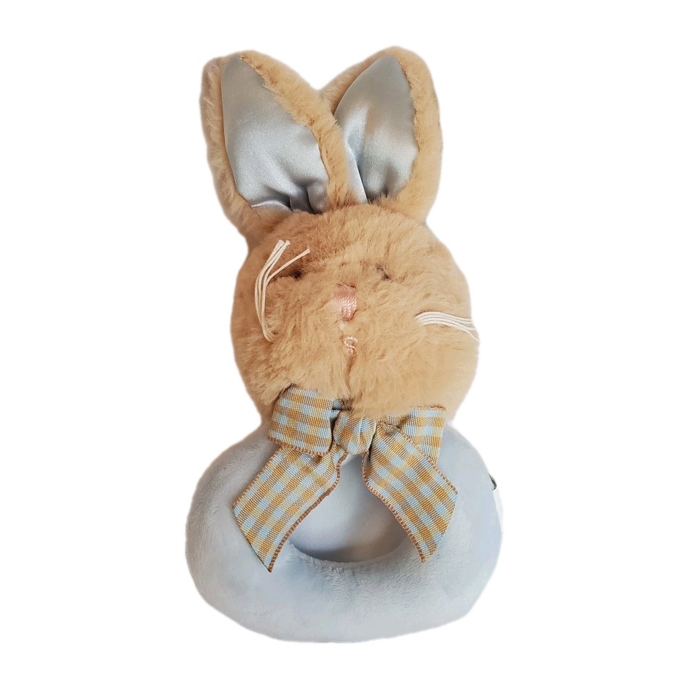 Bearington Baby Collection‎ Rattle Plush Baby Bunny Blue Tan Infant Bow